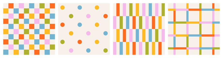 Set of seamless  colorful patterns of multicolored checkered lines and confetti, polka dots, checkerboard, striped pattern on a light background, flat style