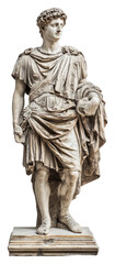 Statue of a Roman figure draped in a flowing toga isolated on transparent background