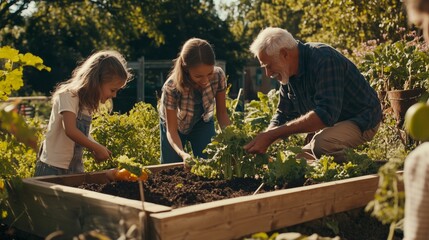 Obraz premium happy family gardening together in the garden with Grandparents