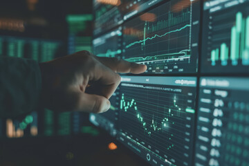 Fototapeta premium Hand pointing at financial chart displayed on digital screen showing stock market analysis.