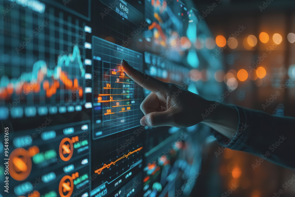 Poster hand pointing at financial chart displayed on digital screen showing stock market analysis.