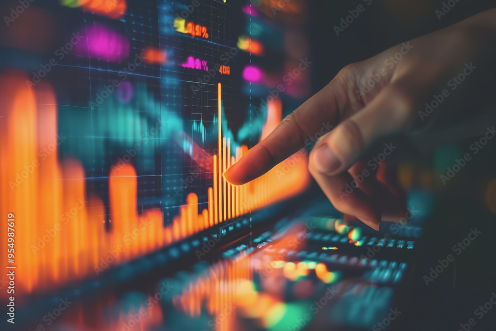 Poster hand pointing at financial chart displayed on digital screen showing stock market analysis.