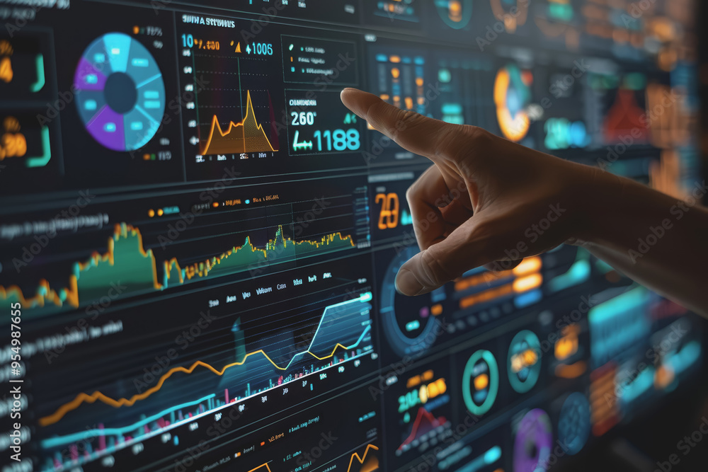 Poster hand pointing at financial chart displayed on digital screen showing stock market analysis.