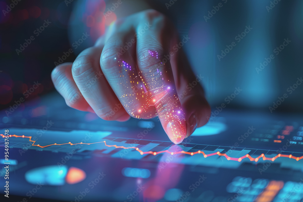 Poster hand pointing at financial chart displayed on digital screen showing stock market analysis.