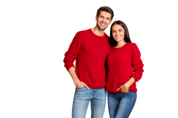 Portrait of lovely man and woman hug smile wear red pullover denim jeans stand isolated over yellow background