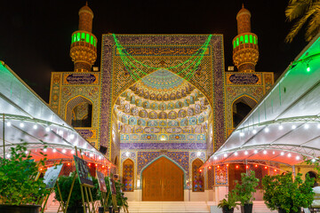 The Iranian Mosque (Imam Hussein Mosque) entrance in Dubai, with colorful tiles, Persian style...