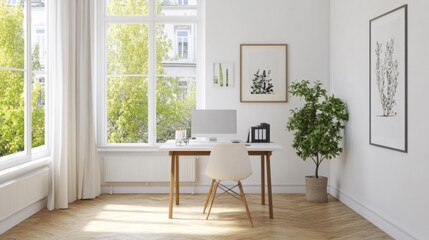Fototapeta premium A modern Nordic home office with a minimalist desk, white walls, and wooden flooring, featuring natural light and simple, functional decor.