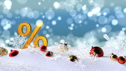 3D illustration, Christmas Festive Discount Celebration with Snowflakes and Baubles