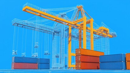 A vibrant illustration of a container crane with colorful cargo boxes against a clear blue sky, showcasing industrial shipping.