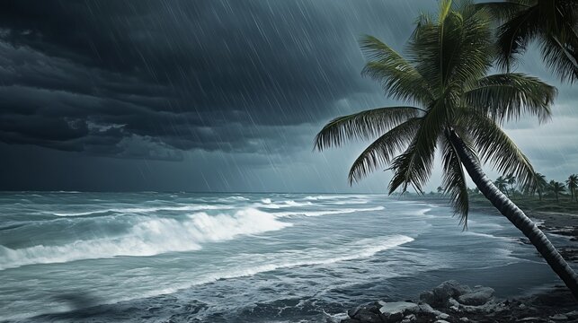 tropical beach with palm trees swaying in the wind during a hurricane