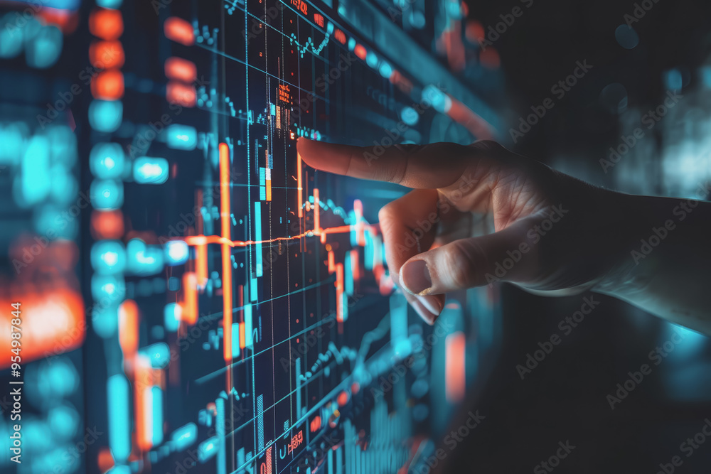 Poster hand pointing at financial chart displayed on digital screen showing stock market analysis.