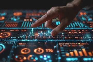 Hand pointing at financial chart displayed on digital screen showing stock market analysis.