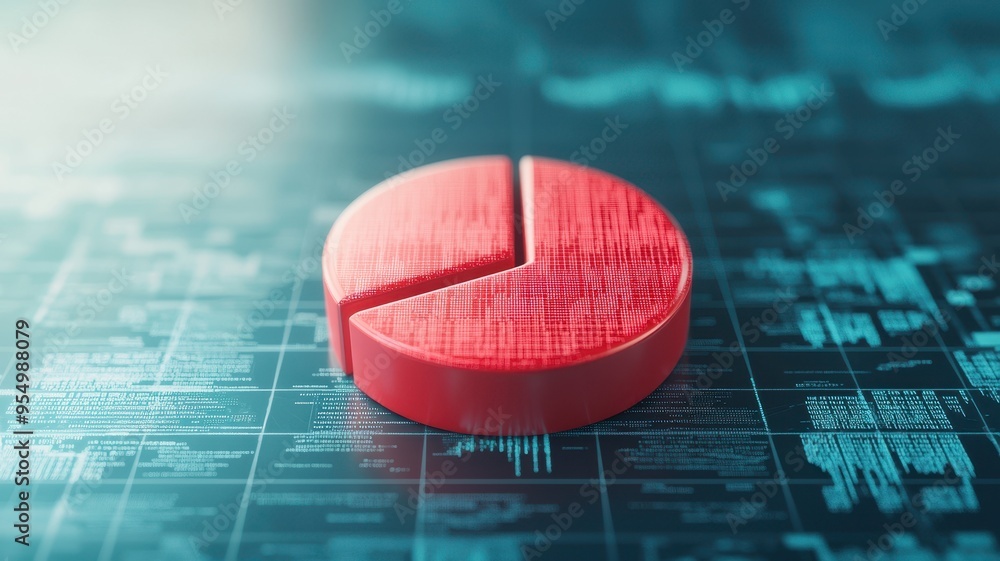 Poster a vibrant red pie chart representing data analysis, set against a digital background for visual impa