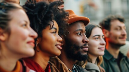 Diverse group of multicultural people smiling and looking forward in an outdoor setting