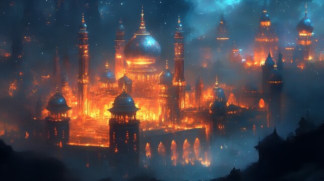 Glowing Cityscape with Golden Domes and Blue Sky