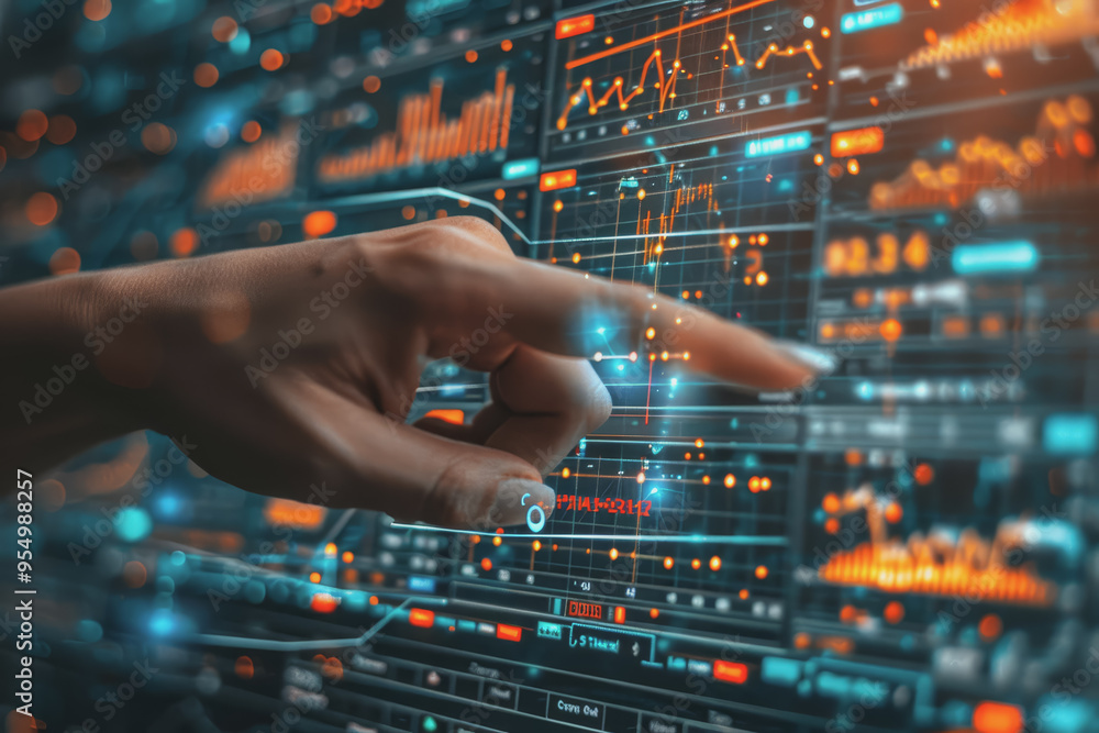 Poster hand pointing at financial chart displayed on digital screen showing stock market analysis.