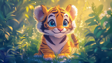 Cute Tiger Cub with Big Blue Eyes in a Lush Green Forest with Sunlight Streaming Through the Leaves