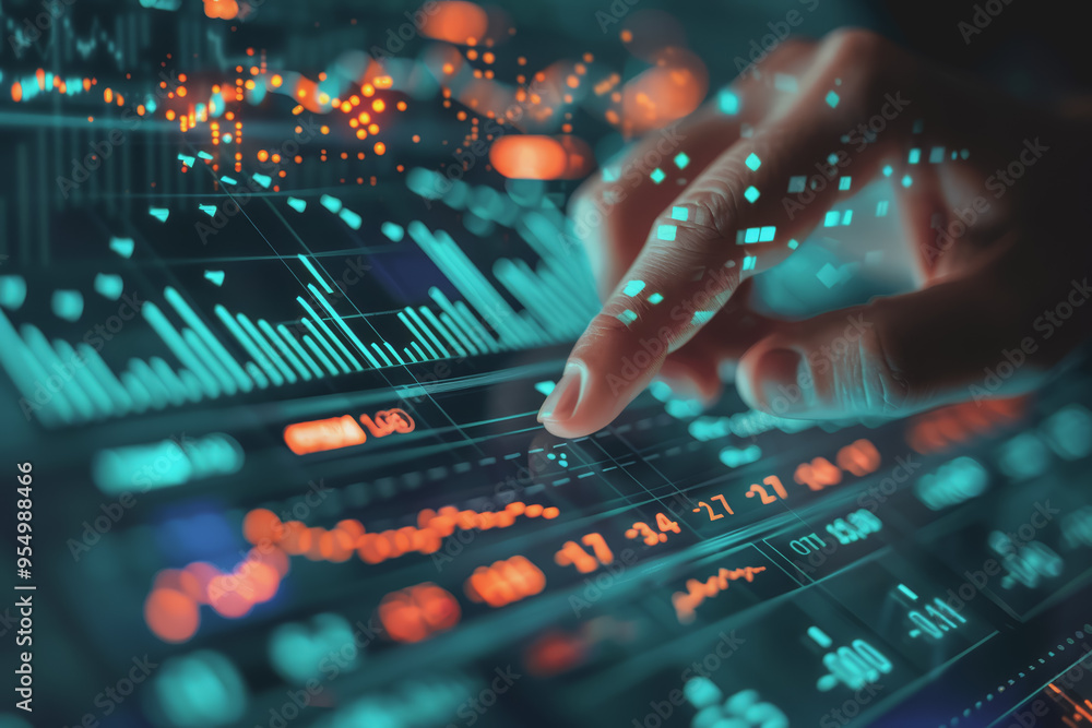 Aufkleber hand pointing at financial chart displayed on digital screen showing stock market analysis.