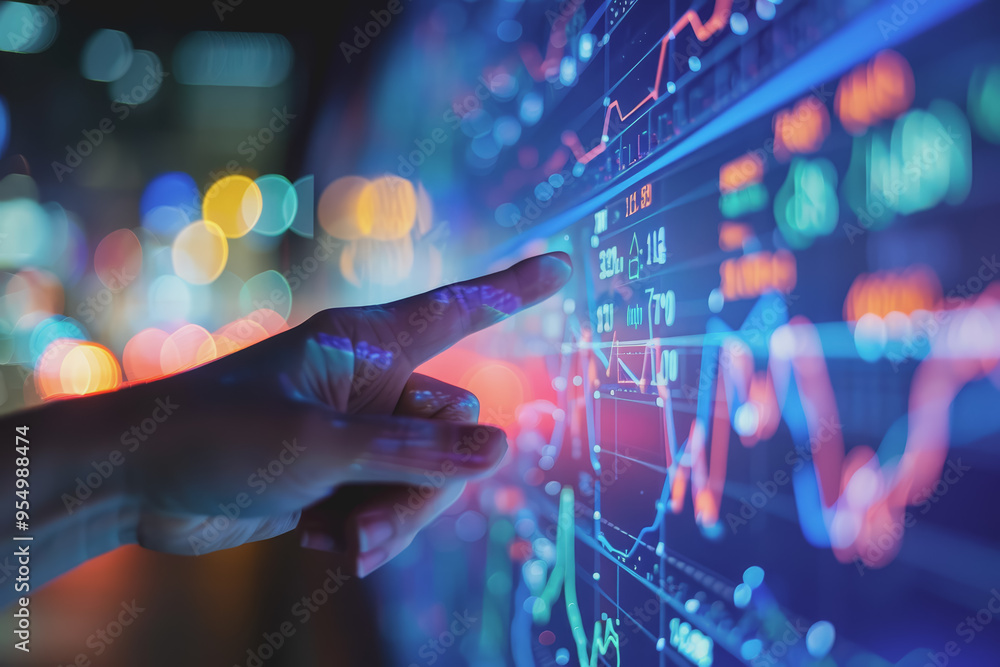 Poster hand pointing at financial chart displayed on digital screen showing stock market analysis.