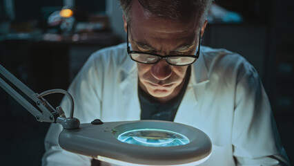 Scientist works in archaeological lab at night. Senior archaeologist takes measurements of fossil...