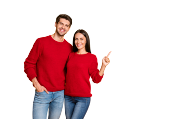 Portrait of charming married couple point at copy space recommend ads wear red pullover denim jeans isolated over bright color background