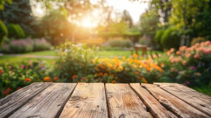 Sunlit Wooden Table in a Garden with Blooming Flowers