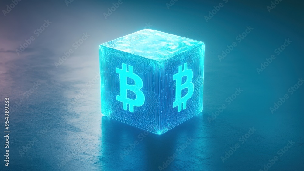 Aufkleber an illuminated ice cube featuring a glowing bitcoin symbol, representing digital currency and modern
