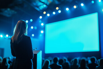 Business woman on stage presenting at a conference.