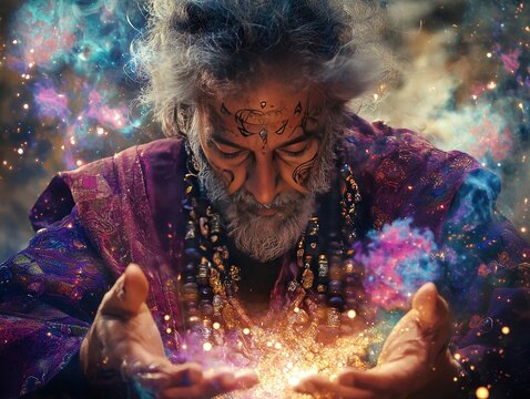 A fortuneteller with intricate tattoos and flowing robes channels cosmic energies