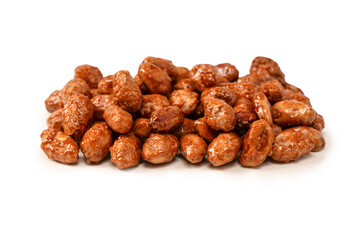 Tasty sweet roasted peanuts isolated on a white background.