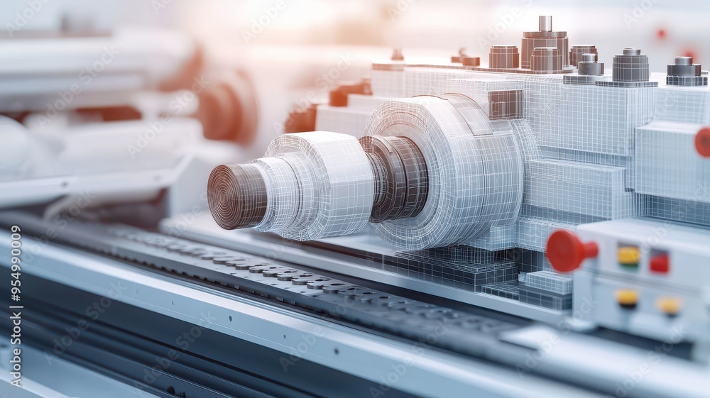 Poster close-up of a precision machine component in a modern workshop, showcasing intricate details and adv