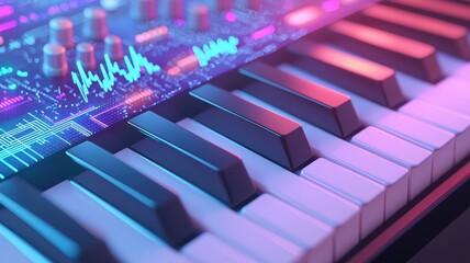 Fototapeta premium Close-up of a vibrant synthesizer keyboard with colorful lights, showcasing musical creativity and modern technology.