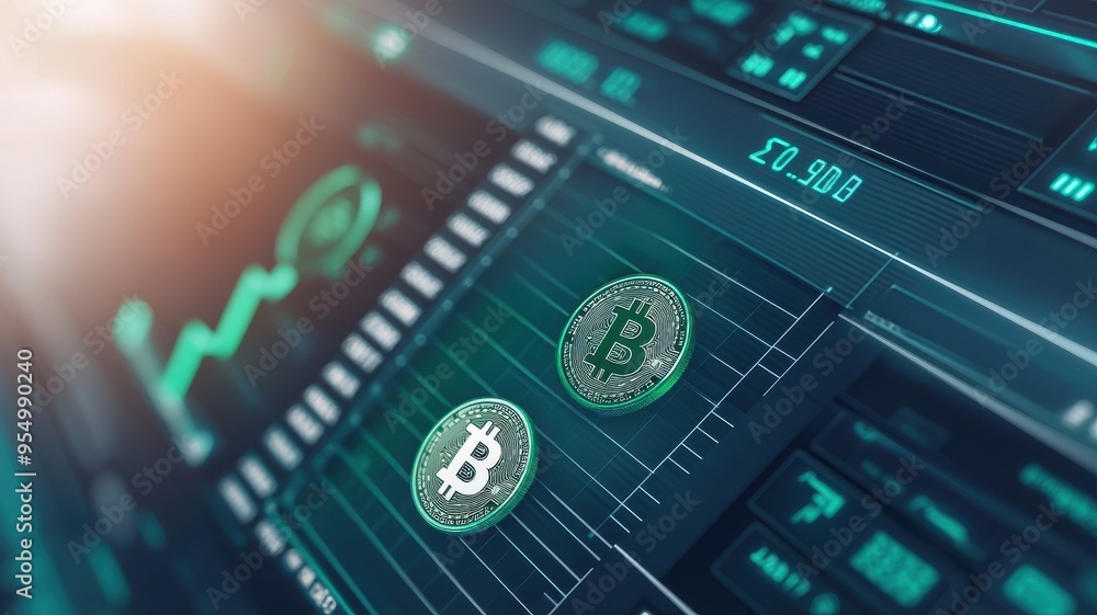 Aufkleber close-up of bitcoin coins on a digital trading screen with graphs and data, representing cryptocurre