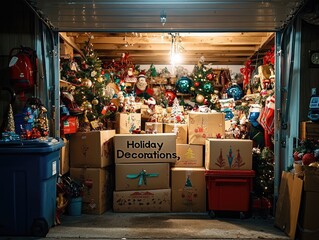 A cluttered garage filled with labeled boxes of holiday decorations and memories