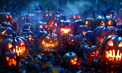 Shining Halloween pumpkin on dark background, banner with free space for text