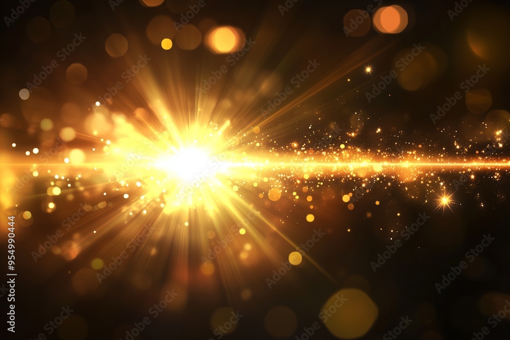 Poster glowing golden light burst over a dark background creating an abstract, vibrant atmosphere filled wi