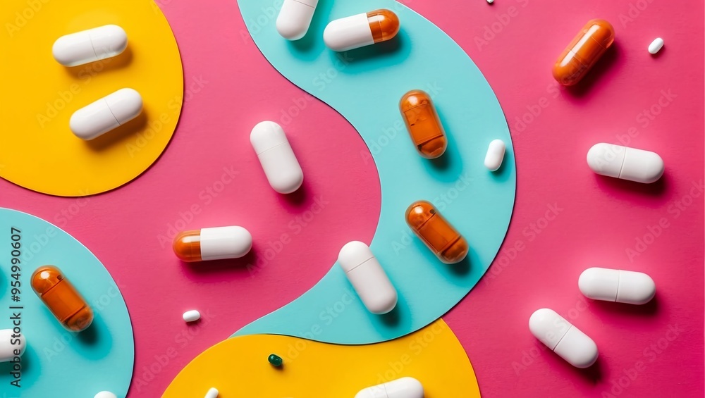 Wall mural Vitamins in capsules mix of pills on color flat background top-view