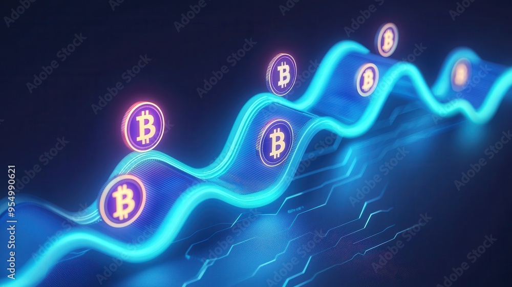 Aufkleber conceptual image of bitcoin trends, featuring glowing cryptocurrency symbols and dynamic wave patter