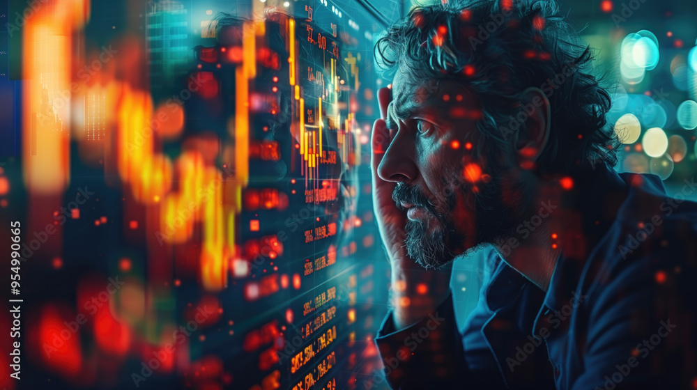 Poster pensive man analyzing stock market data on computer screen in dark office