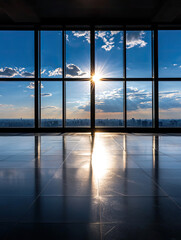 Fototapeta premium Stunning view from a modern window at sunset, illuminating the sleek floor and showcasing a breathtaking skyline.