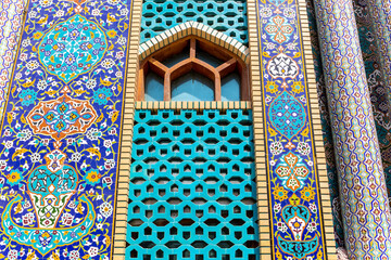 Ali Ibn Abi Talib Mosque (Iranian Mosque Hosainia) facade, colorful Shia Iranian mosque in Bur...