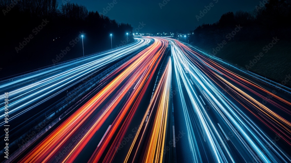 Aufkleber A night scene of an expressway with light trails from vehicles creating dynamic streaks, illustrating the energy and movement of late-night traffic.