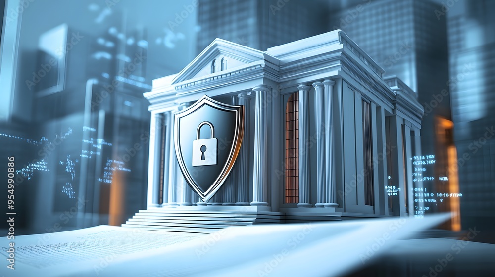 Poster web banner with bank building and shield indicating security and encryption, padlock and finance doc