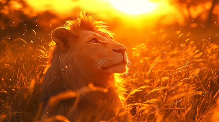 Naklejka premium Majestic Lion Gazing at the Golden Sunset in a Field of Tall Grass, a Symbol of Strength and Beauty in the African Savanna