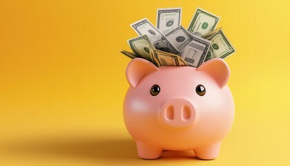 Cute piggy bank filled with cash, symbolizing savings, finance, and investment. Perfect for financial articles and educational content.