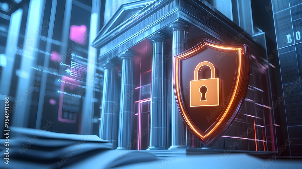 Poster web banner with bank building and shield indicating security and encryption, padlock and finance doc