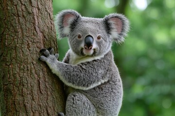 Naklejka premium Koala Bear Climbing Tree Trunk With Furry Paws