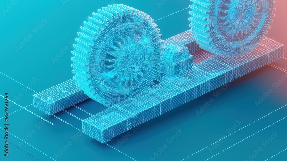Poster futuristic 3d of gears and mechanics on a digital platform, showcasing innovative engineering design