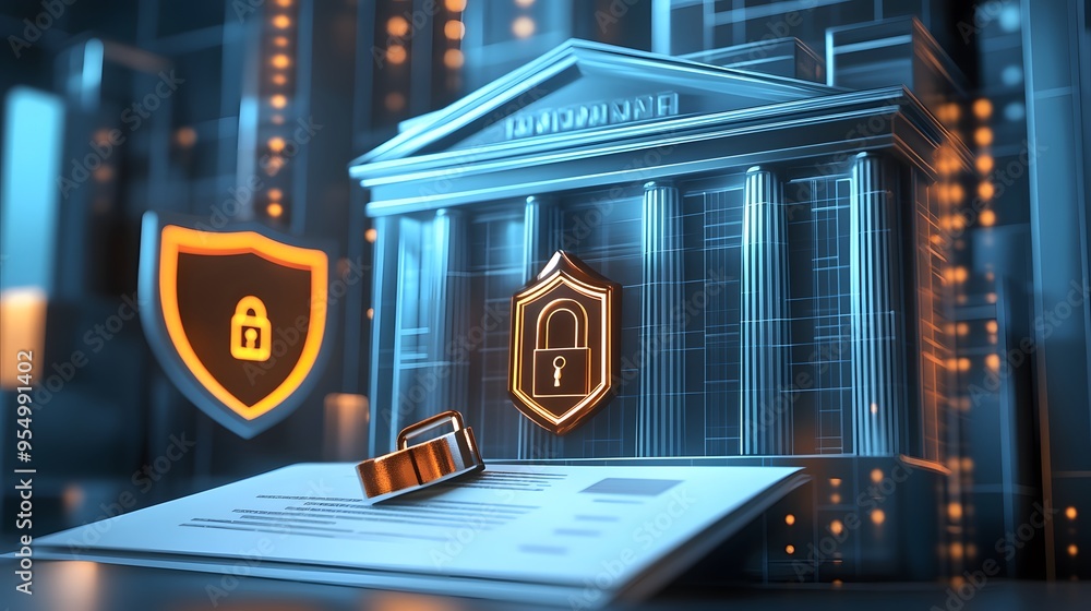 Poster web banner with bank building and shield indicating security and encryption, padlock and finance doc