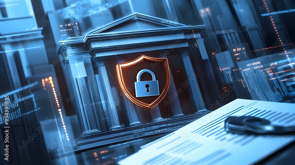 Poster web banner with bank building and shield indicating security and encryption, padlock and finance doc